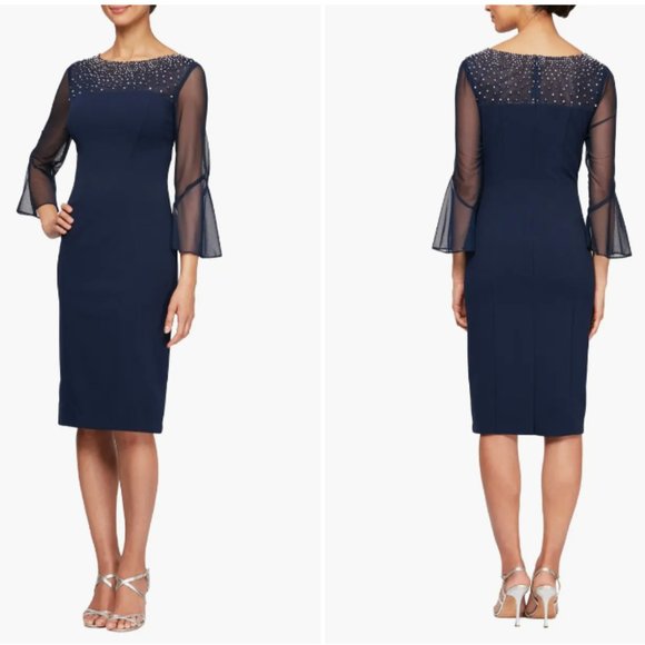 ALEX EVENINGS EMBELLISHED SHORT SLEEVE SHEATH NAVY/SILVER COCKTAIL DRESS sz 12 - Picture 1 of 1